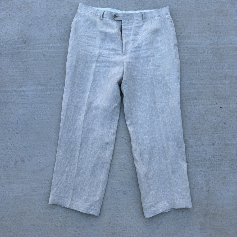 Franco Lotti 100% Linen Dress Pants Mens 40x29 Beige Straight Leg Lightweight